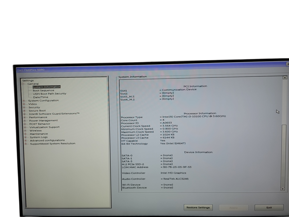 Dell OptiPlex 5080 i3 -10100 @ 3.60GHz 16GB DDR4 Ram θ