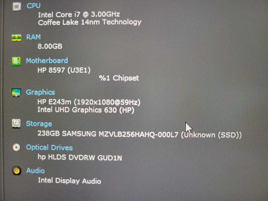HP ProDesk 600 G5 SFF, Core i7-9700 CPU 3.00GHz, 8GB RAM, 256GB Nvme _