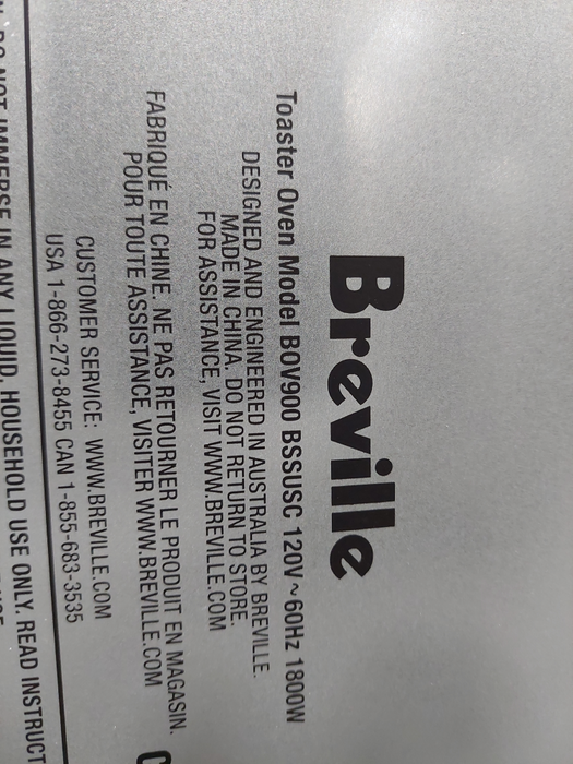 Breville Toaster Oven Model: BOV900 BSSUSC 120V-60Hz 1800W  =