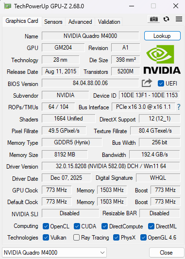NVIDIA Quadro M4000 8GB GDDR5 Graphics Card - 4xDP