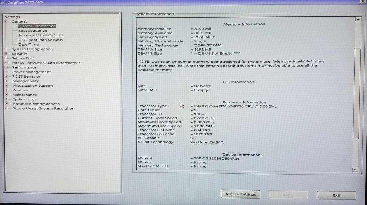 Dell OptiPlex 7470 AiO Intel i7-9700 CPU 8GB RAM 500GB SSD Camera/WiFi