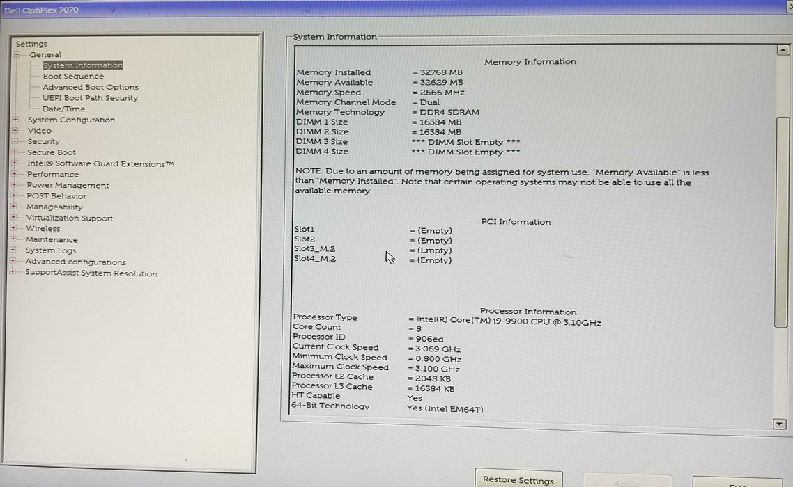 Dell OptiPlex 7070 SFF, Intel i9-9900 CPU 3.10GHz, 32GB RAM - NO HDD Q