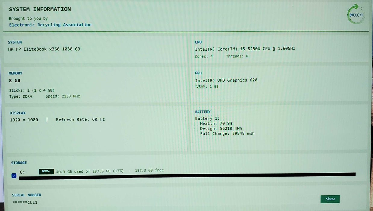 HP ELITEBOOK X360 1030 G3 TOUCH CORE I5-8250U 1.60GHZ 8GB RAM 256GB  Lap200