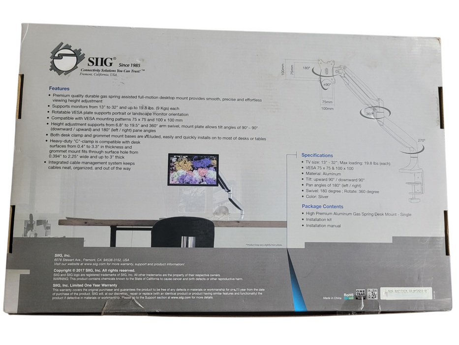 Siig Aluminum Gas Spring Single Monitor 13-32" Desk Mount CE-MT2D12-S1 Silv