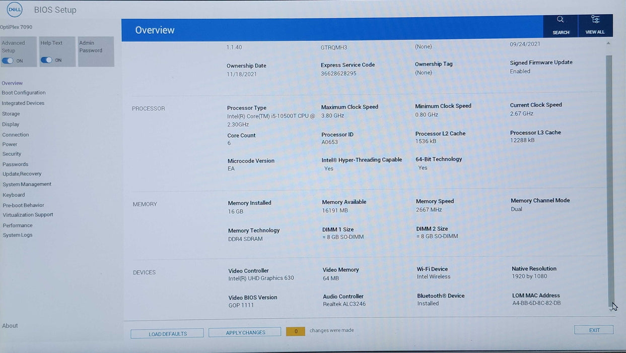 Dell Optiplex 7090 Micro, i5-10500T 2.30GHz, 16GB DDR4, 256GB NVMe, WiFi Q