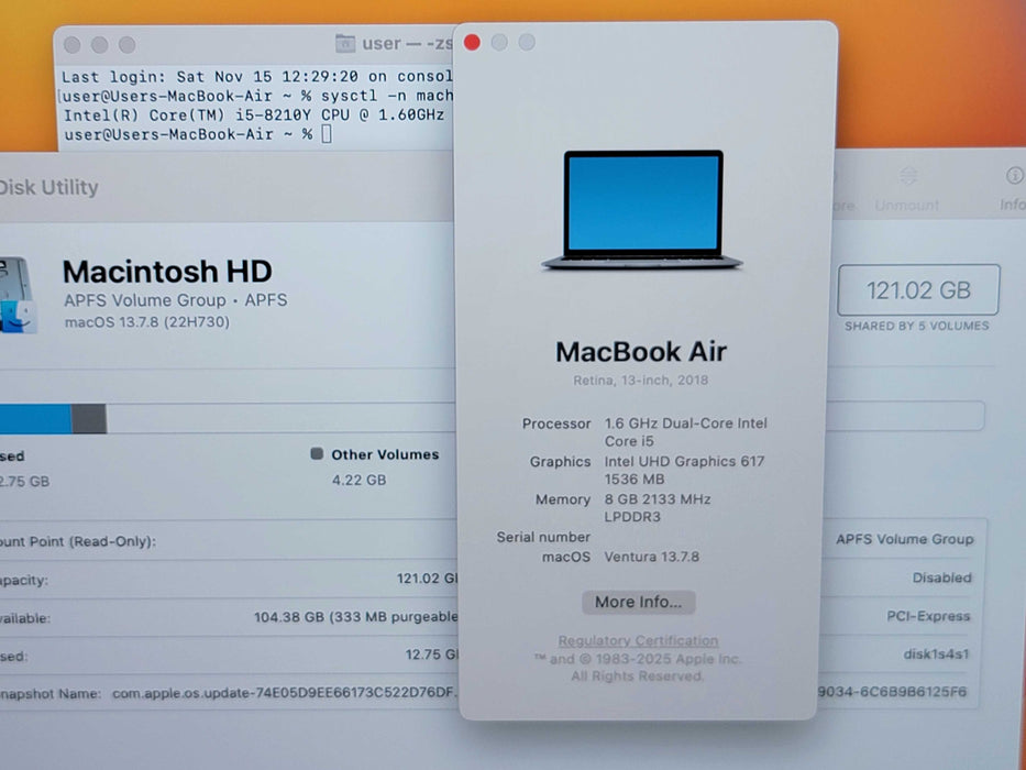 Apple Macbook Air 2018 13" 2-Core i5-8210Y @ 1.6GHz 8GB DDR3 120GB SSD