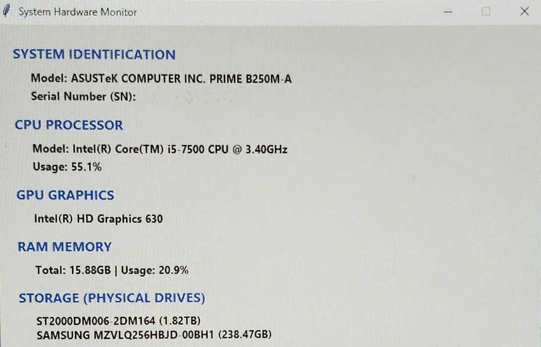 Custom PC, PRIME B250M-A, i5-7500 3.40GHz, 16GB DDR4, 256GB NVMe, 2TB HDD
