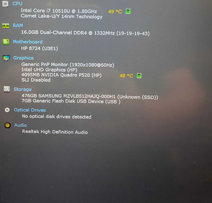 HP ZBook Firefly 14" G7 i7-10510U QUADRO P520 4GB GPU 16GB RAM512GB SSD  Lap200
