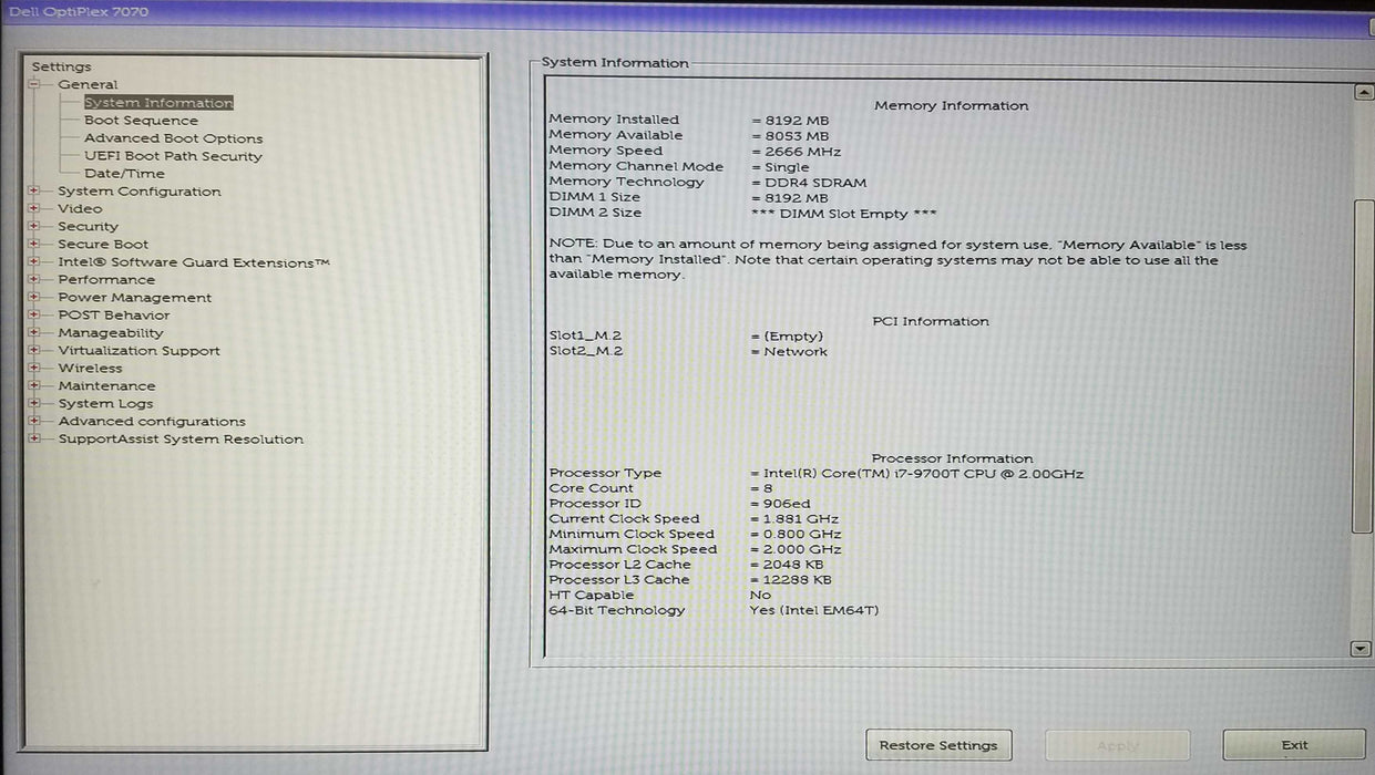 Dell OptiPlex 7070 USFF Intel i7-9700T CPU 2.00GHz 8GB RAM No HDD Q