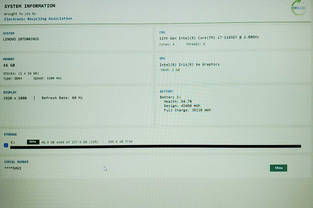 Lenovo ThinkPad E15 Gen 2 Core i7-1165G7@2.40GHz 16GB RAM 256GB  Lap200