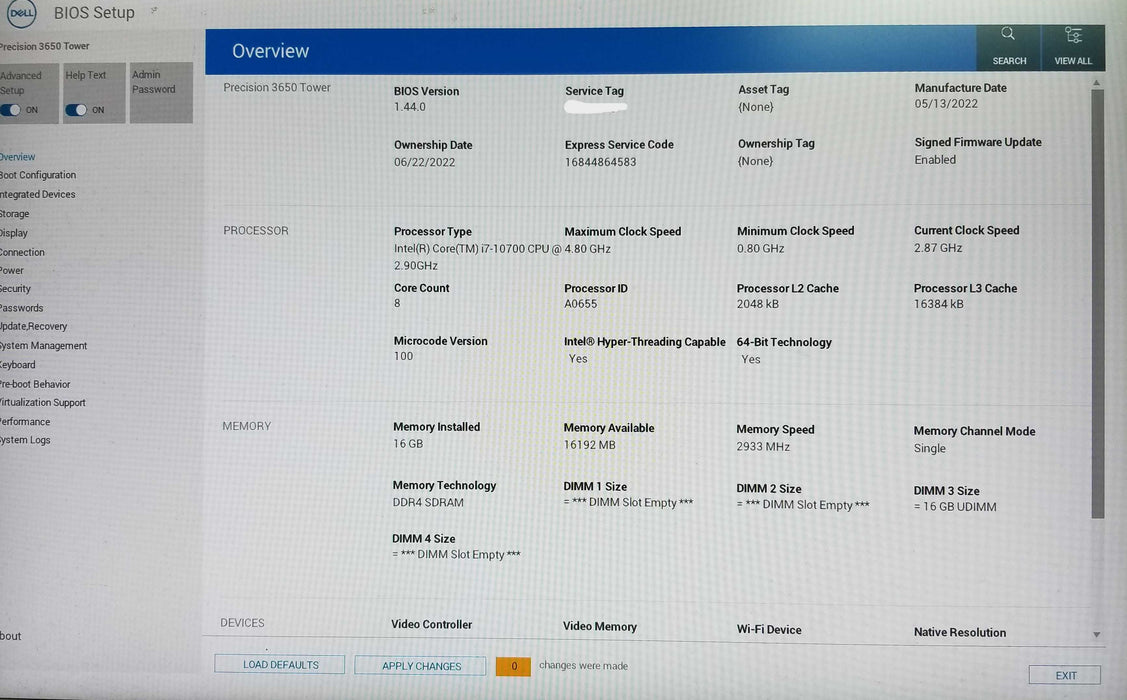 Dell Precision 3650 Tower Intel i7-10700 CPU 16GB RAM No HDD Q