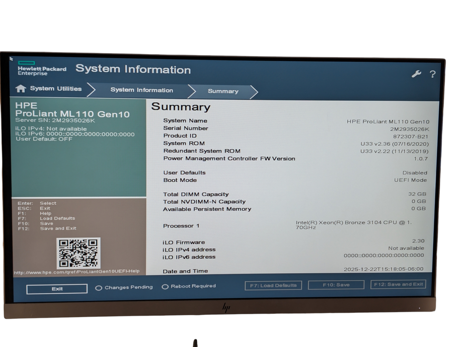 HP ProLiant ML110 Gen10 Xeon Bronze 3104 32GB RAM  -