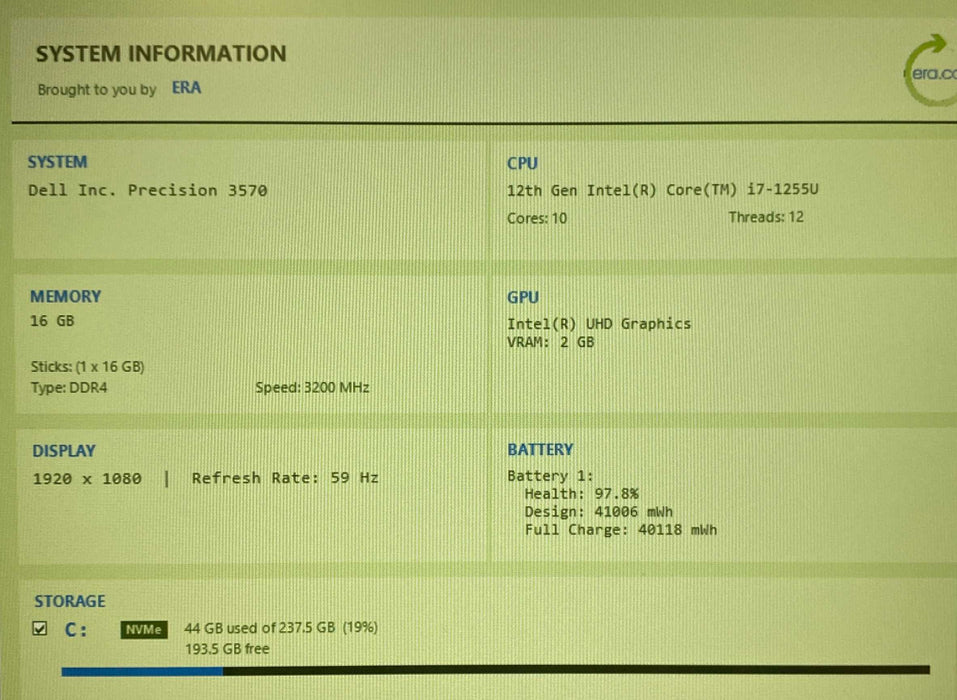 Dell Precision 3570 Core i7-1255U@1.70GHz vPRO 16 GB RAM 256GB SSD  Lap200