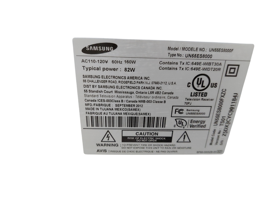 Samsung 55" TV Model: UN55ES8000F  Mfg: 2012 =