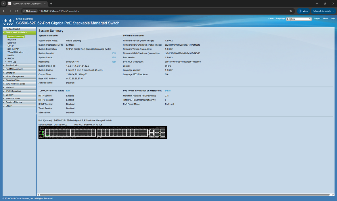Cisco SG500-52P 52-Port Gigabit PoE Stackable Managed Switch
