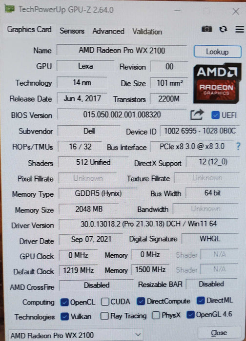 AMD Radeon Pro WX2100 2GB GDDR5 Graphics Card