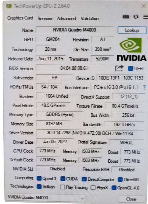 NVIDIA Quadro M4000 8GB GDDR5 Graphics Card 4x Display Port