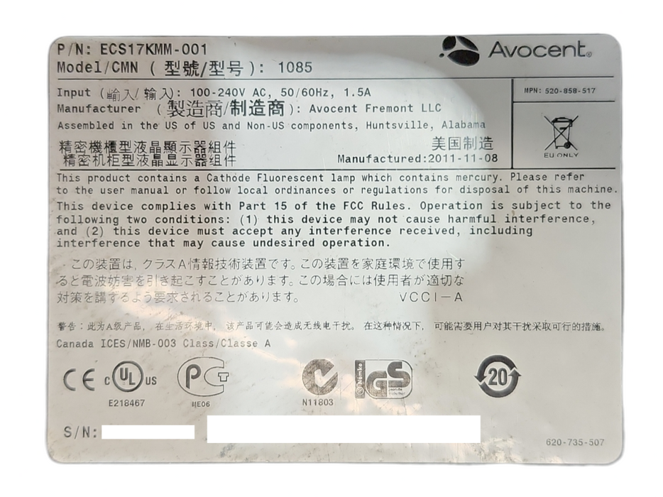 Avocent 1085 Rackmount Keyboard Monitor ECS17KMM-001