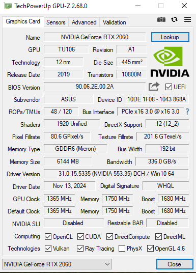 ASUS Turbo GeForce RTX 2060 6GB GDDR6 Graphics Card