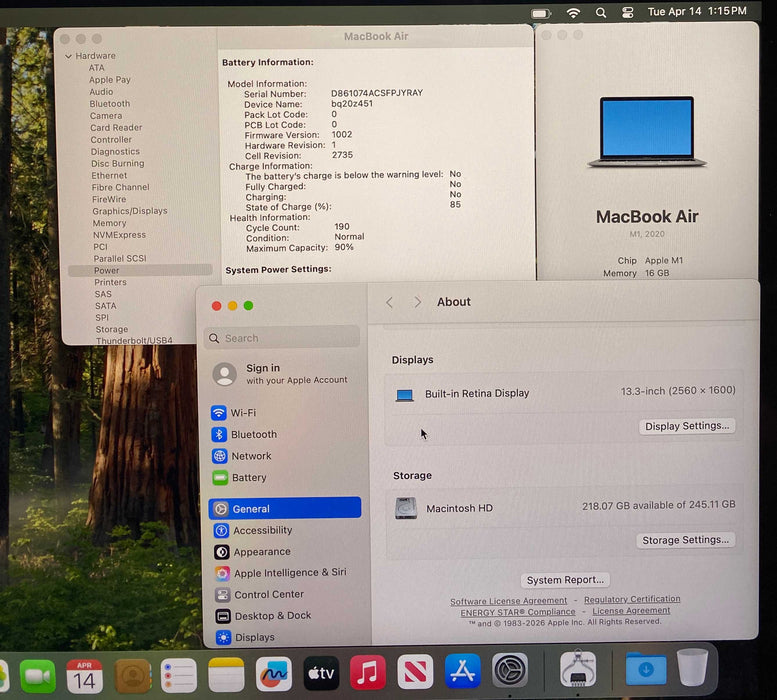 Apple MacBook Air 13" M1 2020 16GB RAM 256GB SSD No Power Adapter