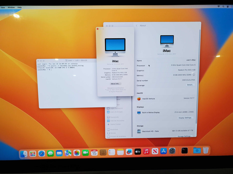 Apple iMac Retina 4K 2017 21.5" A1418, i5-7400 CPU 3.00GHz 8GB RAM 1TB HDD