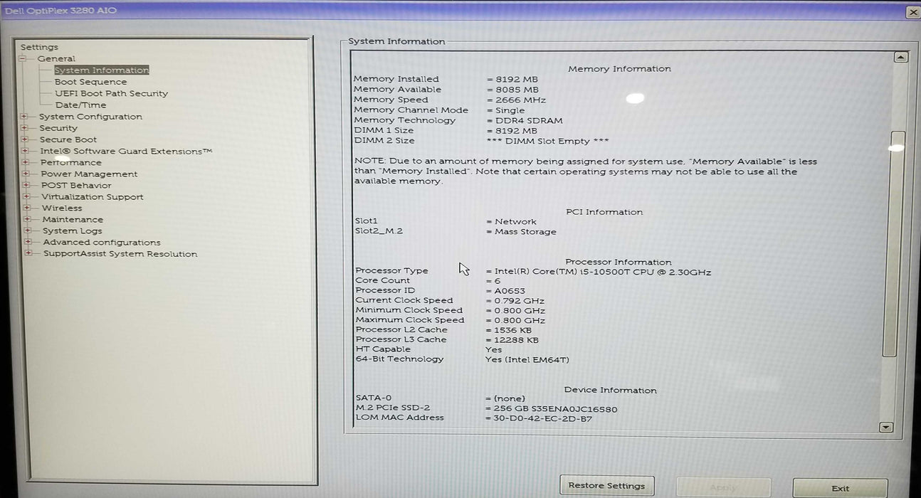 Dell OptiPlex 3280 AIO Intel i5-10500T CPU 8GB RAM 256GB NVMe 130W AC