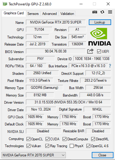PNY GeForce RTX 2070 Super 8GB GDDR6 Desktop Gaming Graphics Card