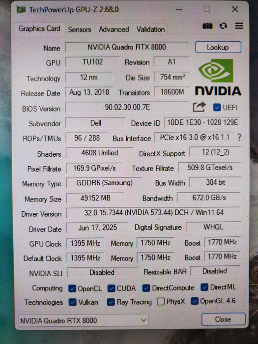 NVIDIA QUADRO RTX 8000 48GB GDDR6 384-bit PCIE 010K7M