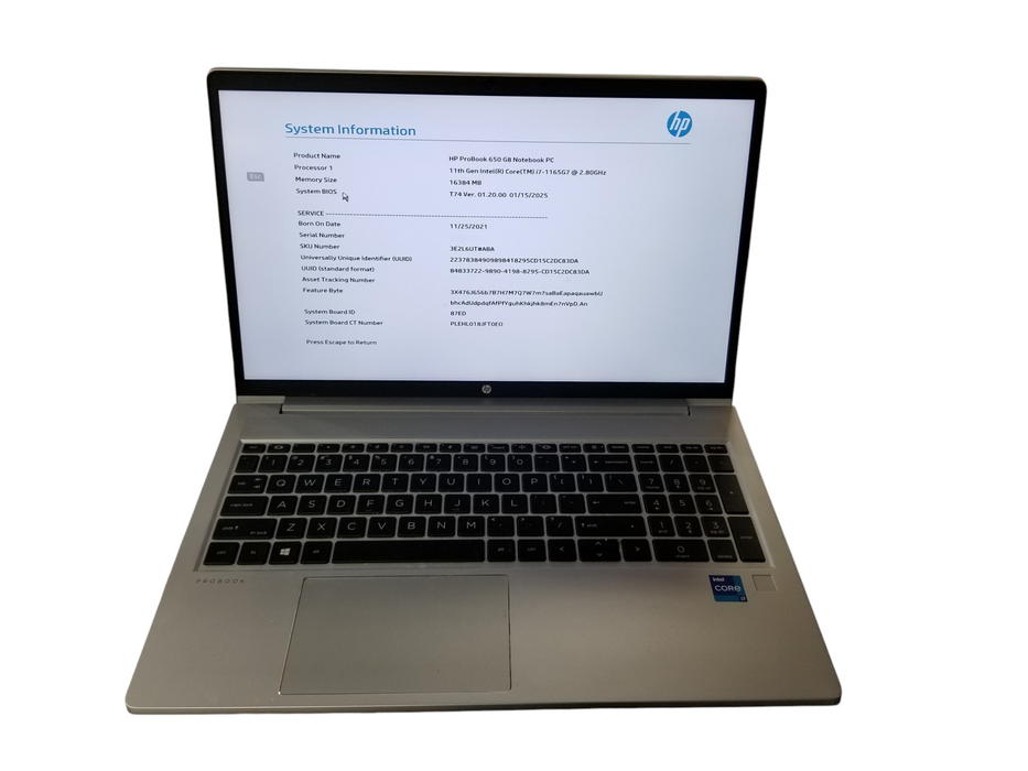 HP ProBook 650 G8 Core i7-1165G7 @2.80GHz 16GB RAM 256GB NVMe	  Lap200