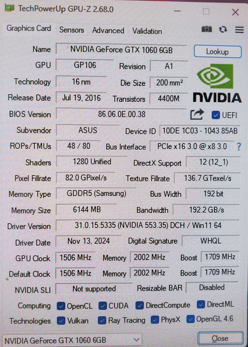 ASUS GeForce GTX 1060 Turbo 6GB GDDR5 Graphics Card Q