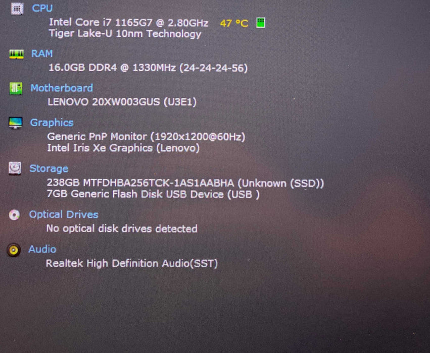Lenovo ThinkPad X1 Carbon Gen 9 Core i7-1165G7@2.80GHz 16GB RAM 256GB SSD  Lap200