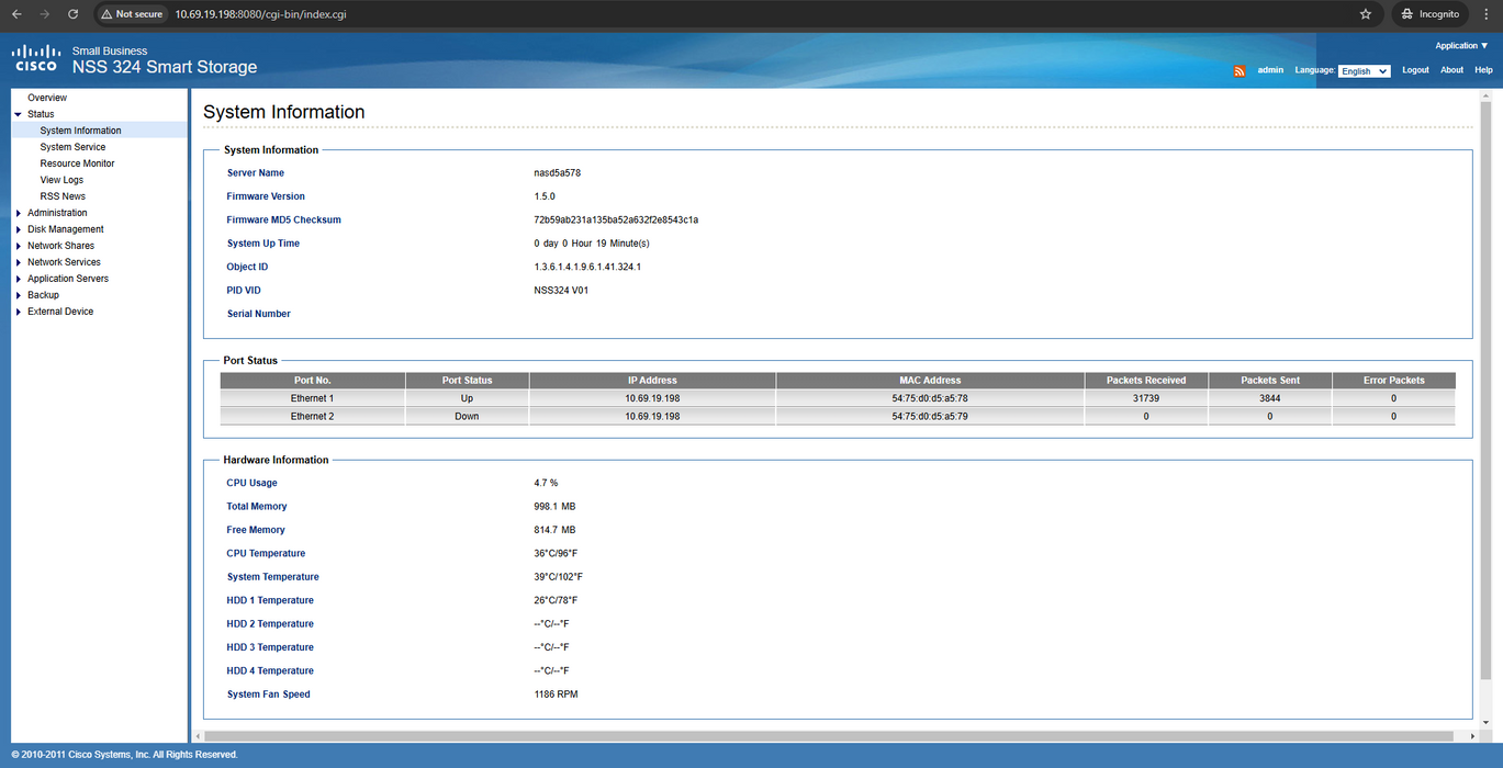 Cisco Smart Storage Model NSS324 4-Bays NAS w/ 1x 2TB HDD