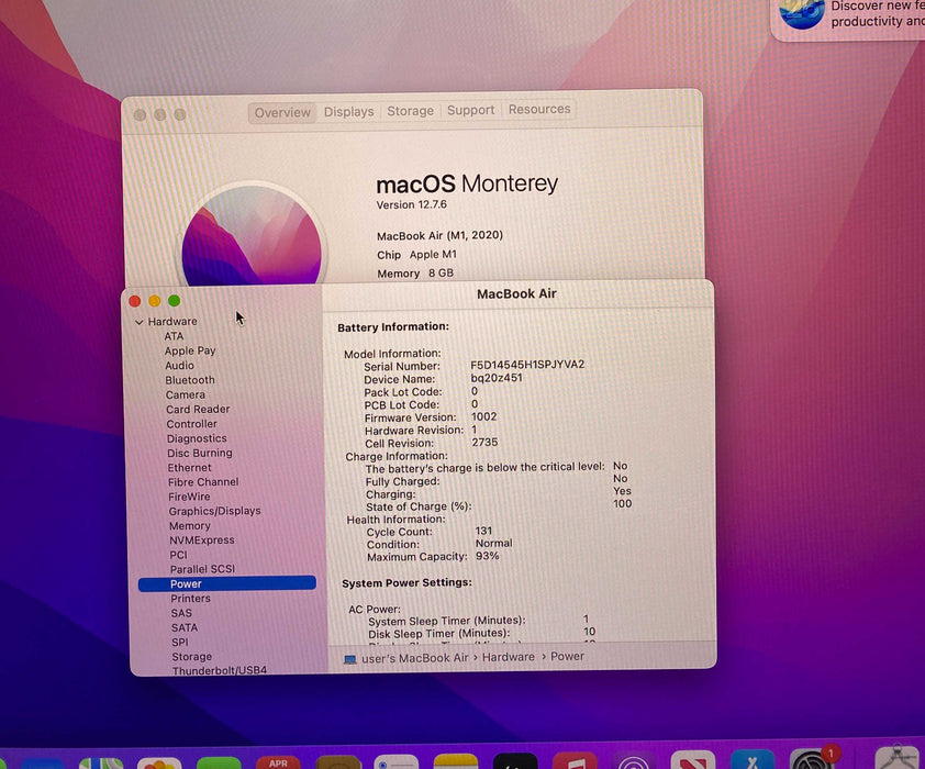 Apple MacBook Air M1 2020 8GB RAM 256GB SSD No Power Adapter