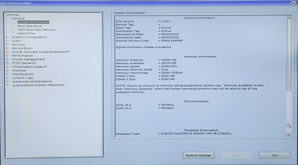 Dell	Optiplex 3080 USFF, i5-10500T 2.30GHz, 16GB DDR4, 256GB NVMe, No PWR Q