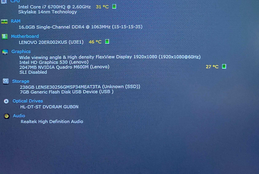 Lenovo ThinkPad P70 i7-6700HQ@2.6GH QUADRO M600M 2GB GPU 16GB RAM 256GB SSD  Lap200