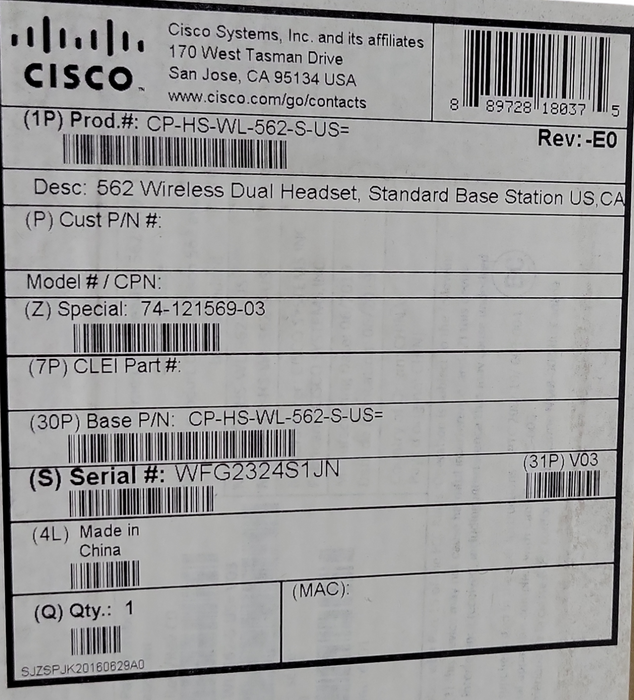 NEW Open-Box Cisco 562 Wireless Dual On-Ear Headset CP-HS-WL-562-S-US w/Base  _