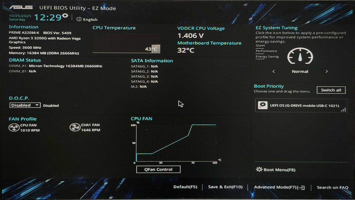 Custom PC, PRIME A320M-K, Ryzen 3 3200G, 16GB DDR4, 256GB NVMe