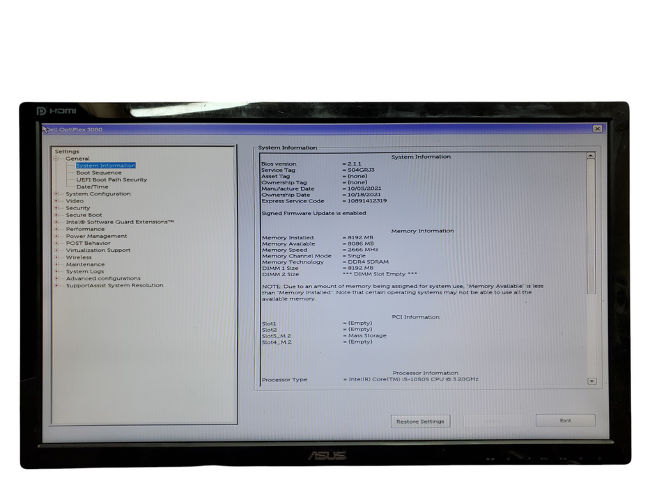 Dell Optiplex 3080 SFF, i5-10505, 8GB DDR4, 256GB NVMe, No OS