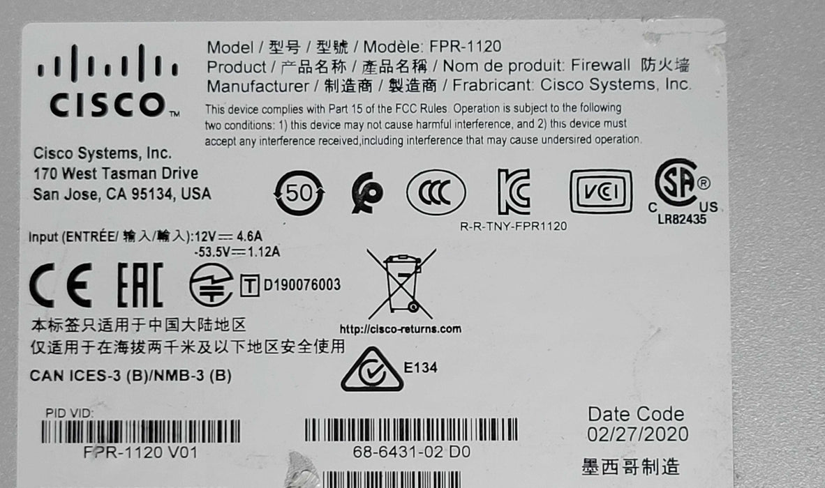 Cisco Firepower FPR-1120 Firewall Device + FPR1K-SSD200 _