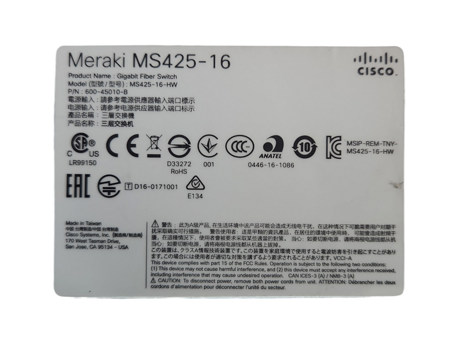 Cisco Meraki MS425-16-HW 16x 10GB SFP+ 2x 40GB QSFP+ Switch, Unclaimed