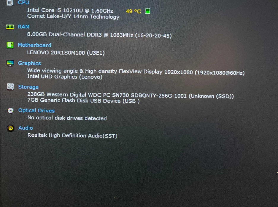 Lenovo ThinkPad X1 Carbon 7th Gen Core i5-10210U@1.60GHz 8GB RAM 256GB SSD  Lap200
