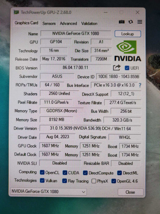 Asus GeForce GTX 1080 8GB GDDR5X Graphics Card TURBO-GTX1080-8G HDMI DP