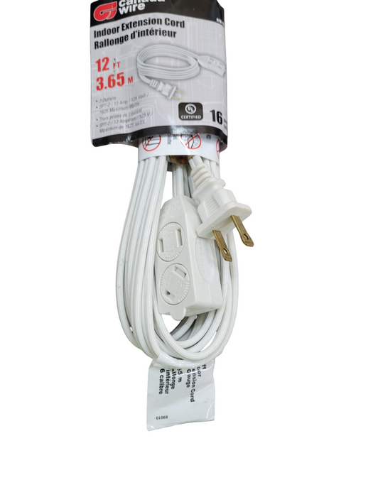 LOT of 3x Indoor Extension Cord 12ft - 3 outlet - 16 Gauge
