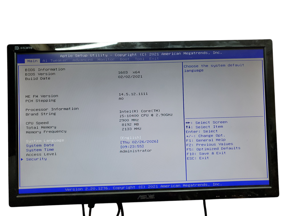 Silverstone Tower PC, i5-10400@2.9GHz, ASUS Pro B460M-C, 8GB DDR4, No HDD