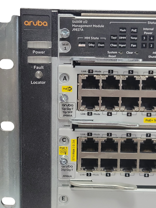 HP 5406 Rzl2 J9850A modular switch with 1x J9989A, 1x J9986A, and 2x PSU _