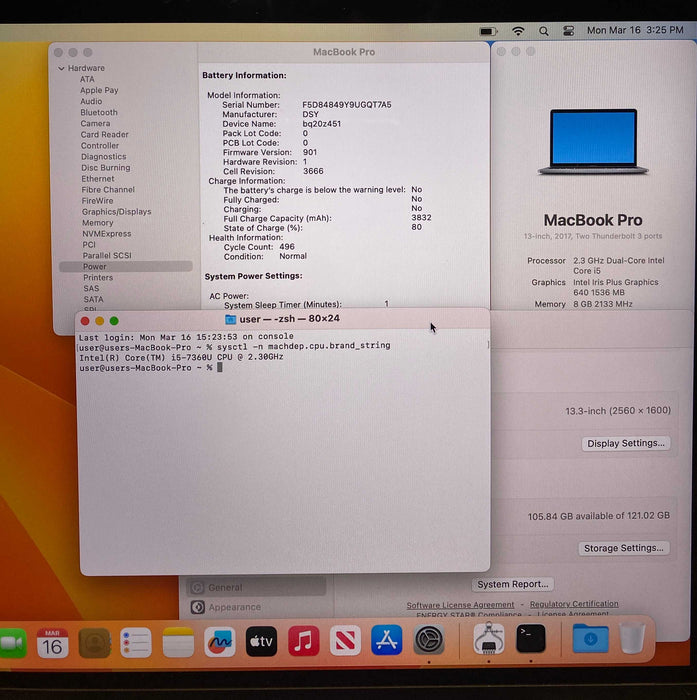 Apple MacBook Pro 13" 2017 i5-7360U 8GB RAM 128GB SSD No Power Adapter
