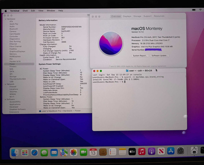 Apple MacBook Pro 13" 2017 i7-7660U 16GB 256SSD No Power Adapter READ!