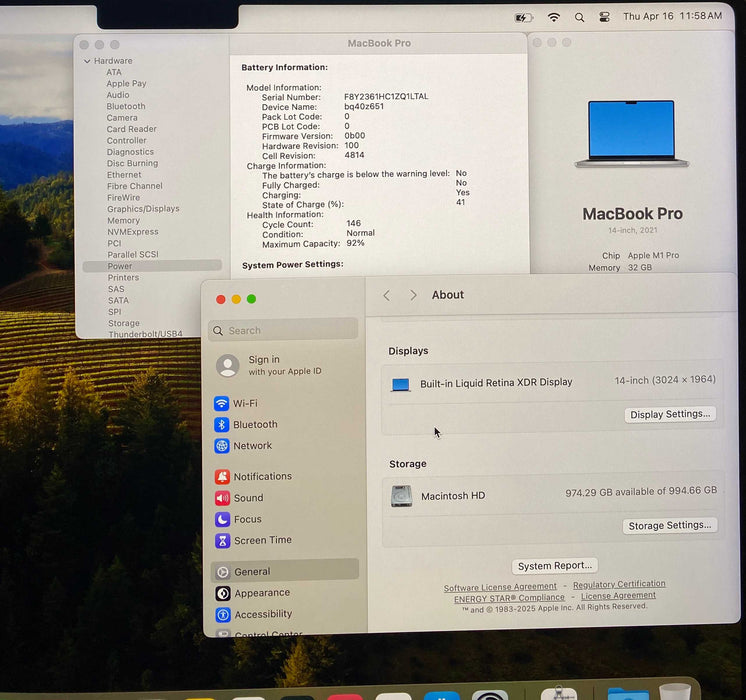 Apple MacBook  Pro 14" 2021 M1 Pro 32GB RAM 1TB SSD No Power Adapter