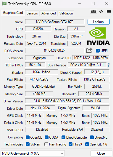 GIGABYTE NVIDIA GeForce GTX 970 4GB GDDR5 GPU (GV-N970G1 GAMING-4GD)