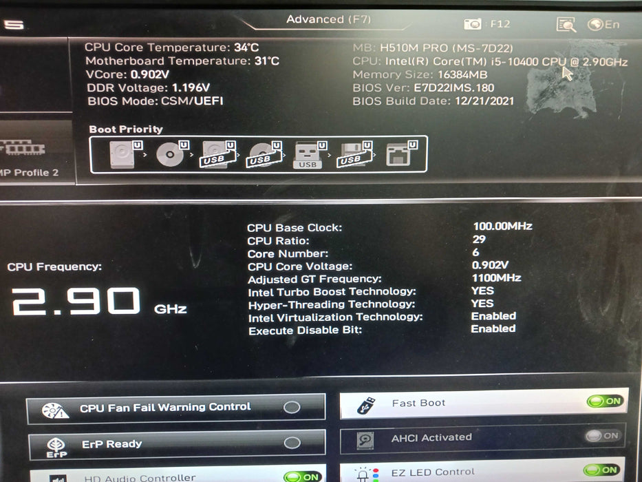 Custom Tower PC Intel i5-10400 @2.9Ghz MSI H510M Pro 16GB DDR4 No HDD
